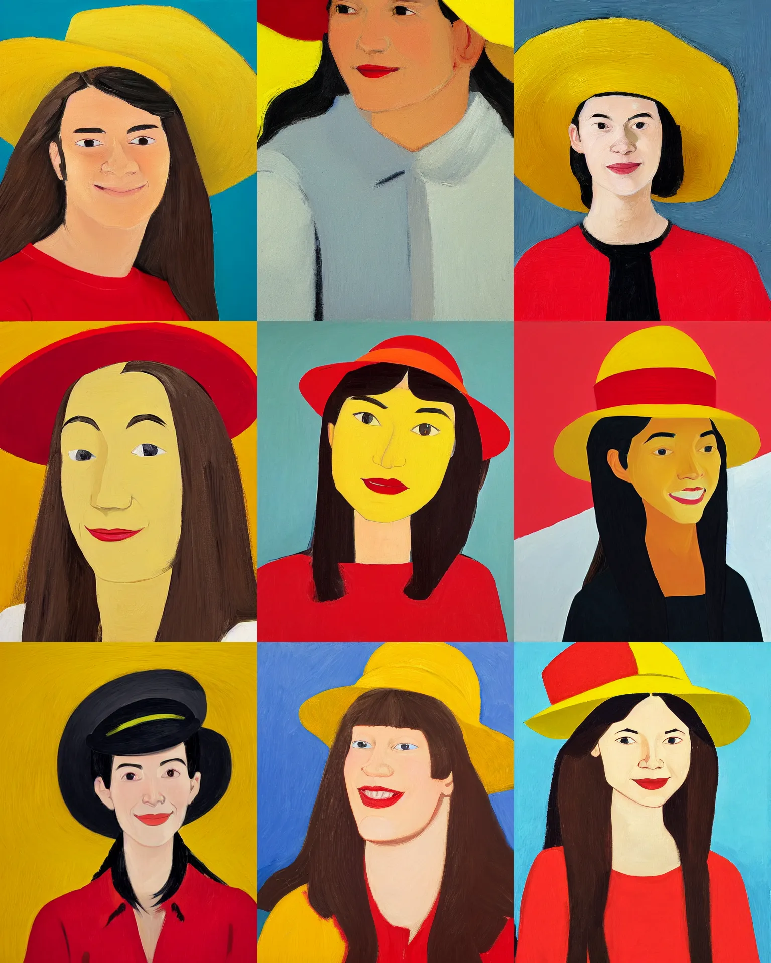 Prompt: portrait of a smiling young woman with hat, long hair and red shirt, yellow background, colorful, by alex katz, close up