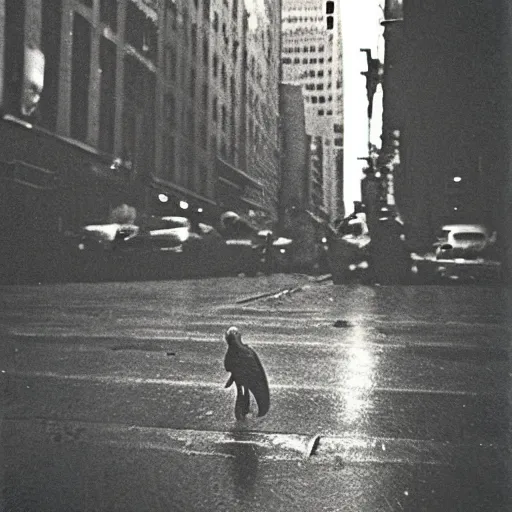 Image similar to a photo by saul leiter of a tiny dinosaur alone in a street of new york, dark and rainy, highly detailed, beautiful