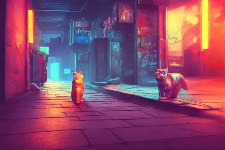 Image similar to cyberpunk ginger cat in the alley, neon lighting, rendered in unreal engine, trending on artstation, cyberpunk, night