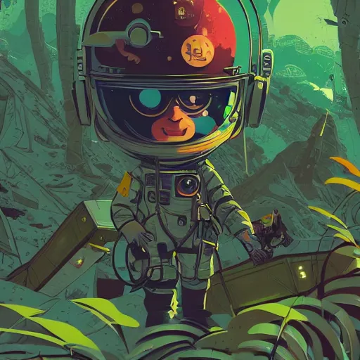 Prompt: view of a future cosmonaut with helmet having cybernetics and wirings exploring a jungle, d & d, trending on artstation, art by rossdraws, petros afshar, tom whalen, laurie greasley and greg rutkowski and ilya kuvshinov, global illumination