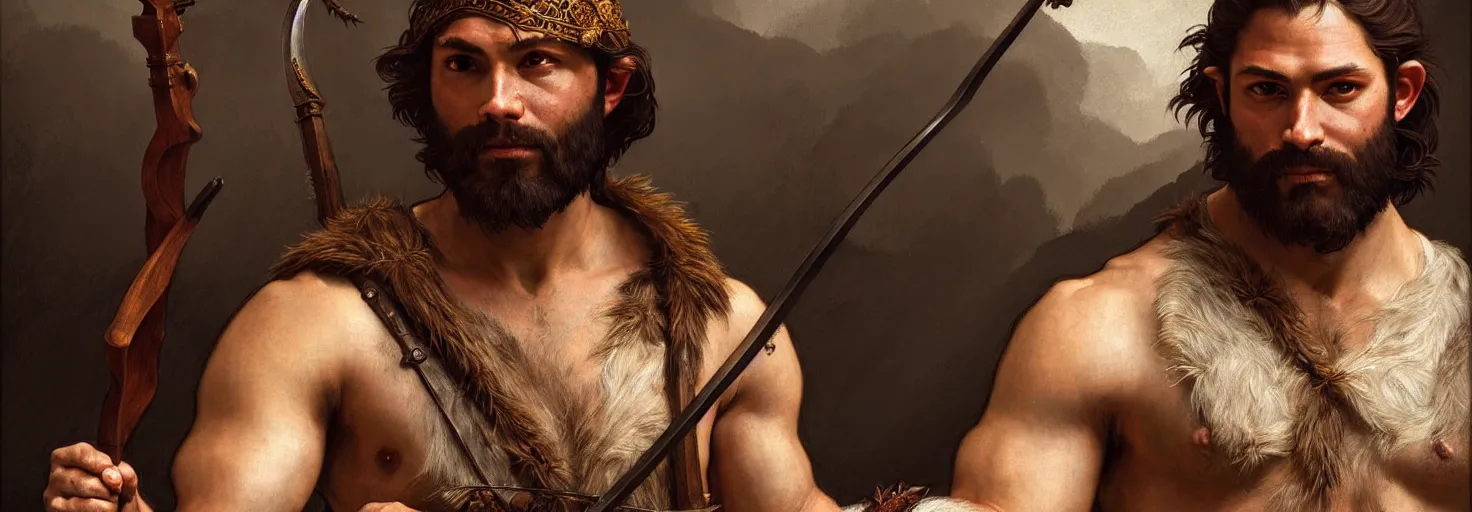 Prompt: renaissance upper body portrait of a gruff ranger with a spear, kurikuro, lean and toned, handsome face, hairy chest, D&D, intricate, elegant, highly detailed, digital painting, artstation, concept art, matte, sharp focus, illustration, art by da Vinci, Artgerm and Greg Rutkowski and Alphonse Mucha