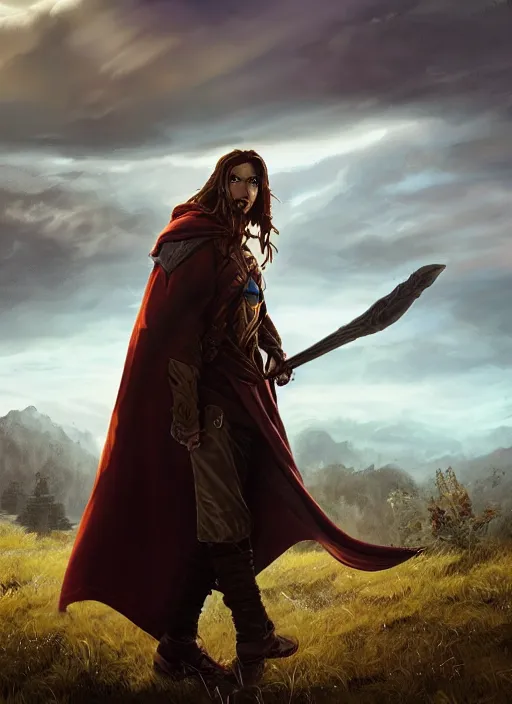 Image similar to An epic fantasy comic book style portrait painting of a young man with a long brown hair, a cloak waving in the wind in front of an epic fantasy landscape, unreal 5, DAZ, hyperrealistic, octane render, cosplay, RPG portrait, dynamic lighting