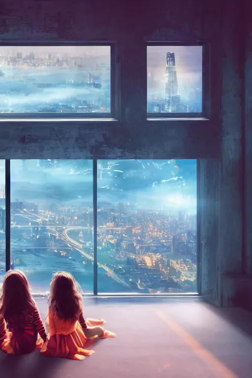 Image similar to two girls watching a city from a high rise above sea level, epic, cinematic shot, cinematic lighting, hyper realistic, soft lights, hyper detailed, bright daytime, photorealistic, ultra hd 4 k, unreal engine