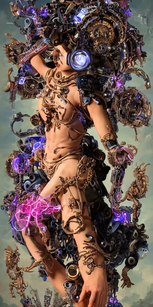 Image similar to full-body rococo and cyberpunk style sculpture of a young seductive Latino prince half android with a chest exposing circuitry, glowing pink seductive laser eyes, crown of blue gears and diamonds, swirling salmon-colored silk fabric, robotic raptors dinosaurs. baroque elements. full-length view. intricate artwork by caravaggio. art by Artgerm and Greg Rutkowski and Alphonse Mucha, Trending on artstation, cinematic industrial lighting, hyper realism, octane render, 8k, depth of field, 3D