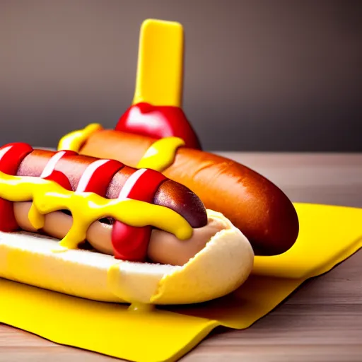 Prompt: commercial photo of a hot dog ice cream, mustard, ketchup,