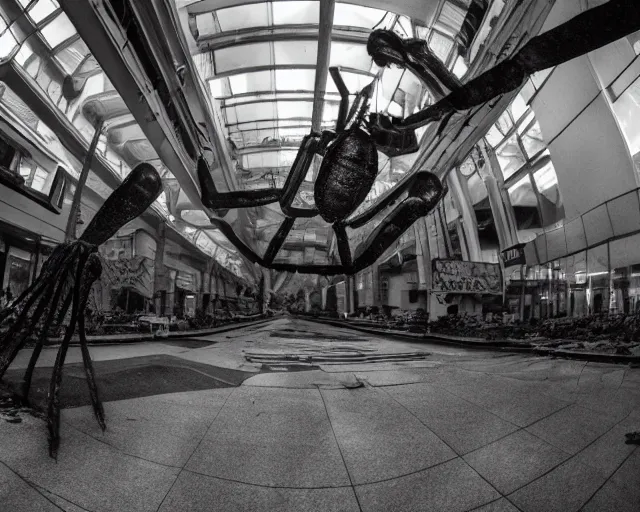 Image similar to camera footage of a Gigantic spider in an abandoned shopping mall, high exposure, dark, monochrome, camera, grainy, CCTV, security camera footage, timestamp, zoomed in, fish-eye lens, spiders, spider, spider, spider,