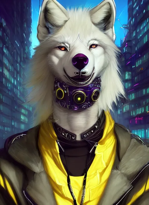 Image similar to award winning beautiful portrait commission of a male furry anthro albino wolf fursona with a tail and a cute beautiful attractive detailed furry face wearing stylish black and yellow cyberpunk biker clothes in a cyberpunk city at night while it rains. Character design by charlie bowater, ross tran, artgerm, and makoto shinkai, detailed, inked, western comic book art