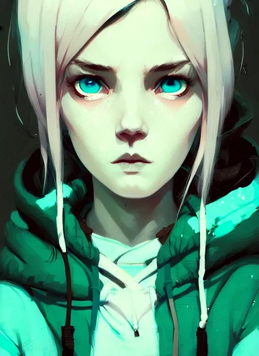 Prompt: highly detailed portrait of a urban punk lady student, blue eyes, hoodie, white hair by atey ghailan, by greg rutkowski, by greg tocchini, by james gilleard, by joe fenton, by kaethe butcher, gradient green, black, brown and teal color scheme, grunge aesthetic!!! ( ( graffiti tag wall background ) )