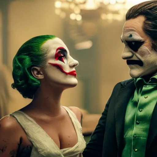 Image similar to ultra realistic candid photograph from joaquin phoenix with lady gaga in new joker movie footage's, intricate details, face details, proportional body details, full medium shot, paparazi shot