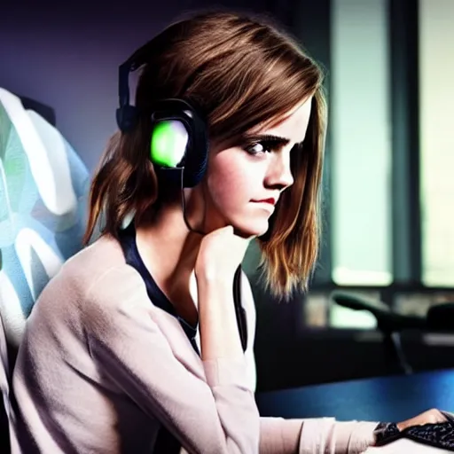 Image similar to model emma watson playing video gaming emma watson playing video gaming gaming on rgb keyboard wearing a gaming headset wearing hoodie sitting on gaming chair at desk dramatic lighting controller award winning photo