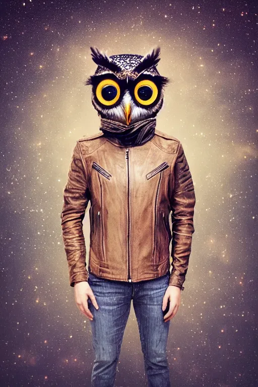 Prompt: front of owl wearing biker jacket, portrait photo, full body, backlit, studio photo, golden ratio, starry background