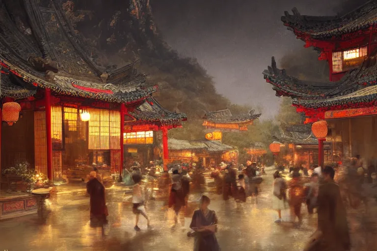 Prompt: fantasy art of a bustling tea house in china, at night, by craig mullins, highly detailed digital art, trending on artstation