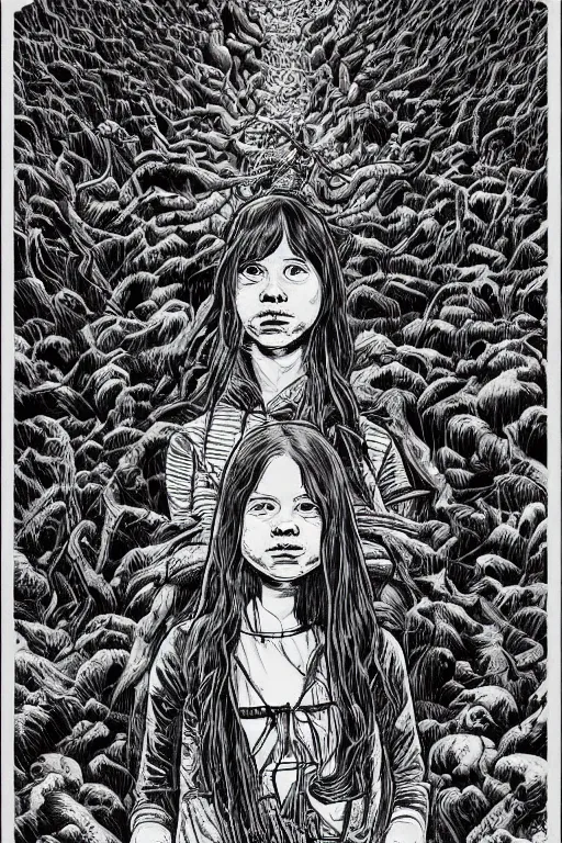 Image similar to greta thunberg evil, horror, dastardly, black and white, art by junji ito, trending on artstation, insanely detailed and intricate, hypermaximalist, elegant