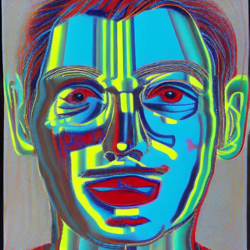 Image similar to portrait of abstract visual artificial intelligence face chromatic suit by Andy warhol and David Hockney, highly detailed