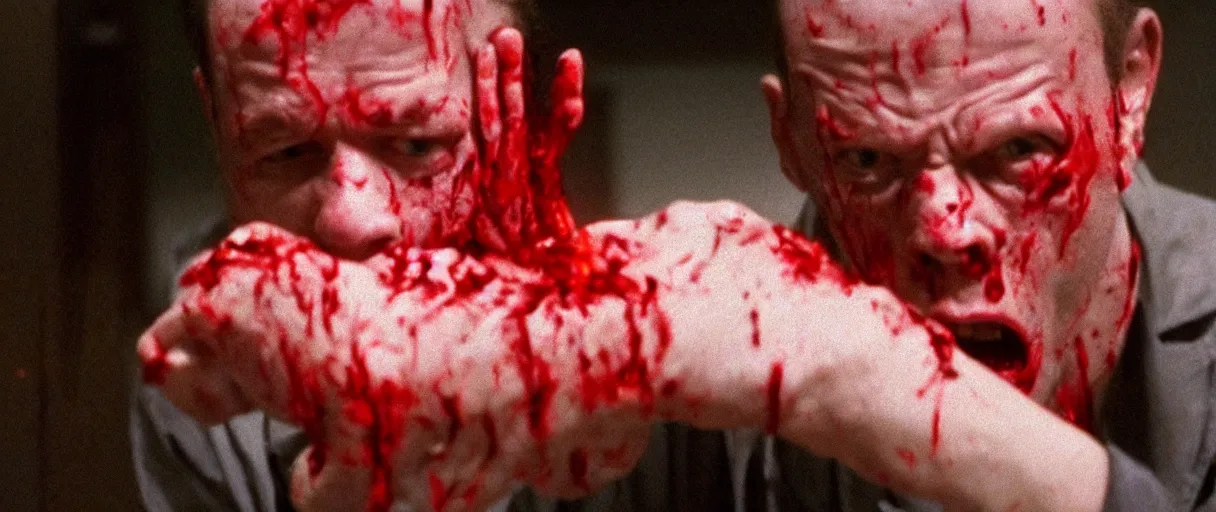 Prompt: filmic closeup dutch angle movie still 4k UHD 35mm film color photograph of a screaming horrified doctor looking down at his freshly amputated hand, where his wrist has been freshly severed, blood is gushing from the wound