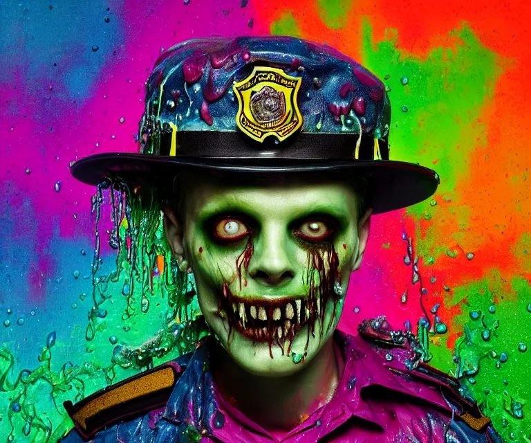 Image similar to beautiful 3 5 mm photograph of a slimy rotting zombie wearing a police uniform and police hat covered in colorful wet goop, dripping with colorful liquid, policeman, cop, biocop, intricate details, dark ambient, service cap, atmospheric, movie poster, poster, horror, elegant, super highly detailed, professional digital photo, artstation, concept art, 8 k