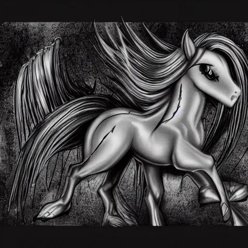 Image similar to my little pony portrait with dark fantasy style, black and white by h. r. giger