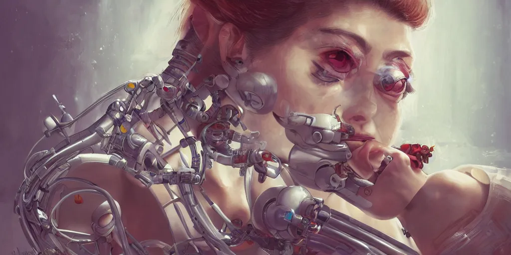 Prompt: hyperrealistic photography of a gorgeous female cyborg scientist constructing an eating machine in the style of jin kagetsu, james jean and wlop, highly detailed, masterpiece, award - winning, sharp focus, intricate concept art, ambient lighting, 8 k, artstation