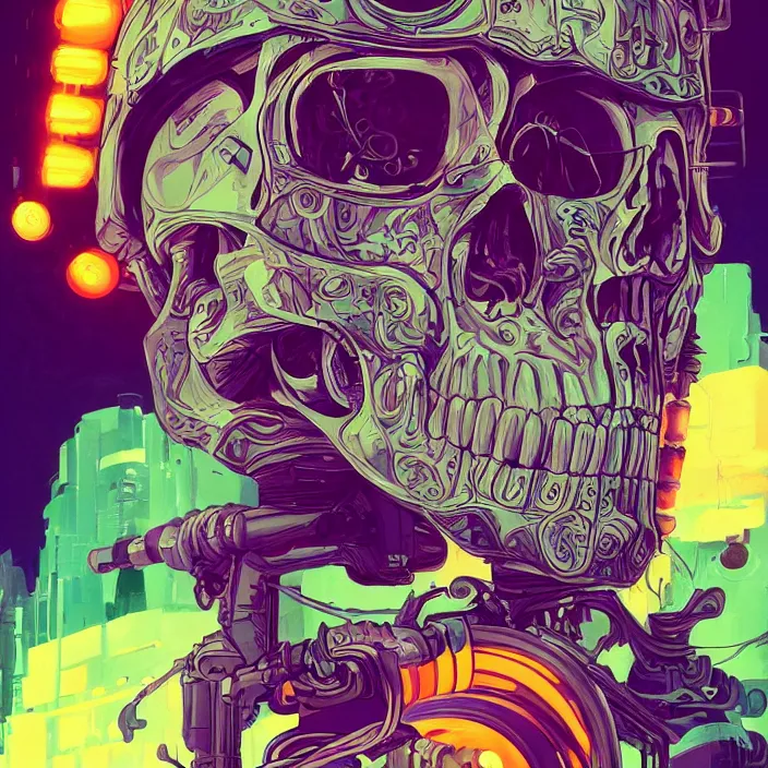 Prompt: a beautiful painting of a cyberpunk skull by simon stalenhag and pascal blanche and sachin teng and alphonse mucha. in style of digital art. colorful comic, film noir, symmetry, hyper detailed. octane render. trending on artstation