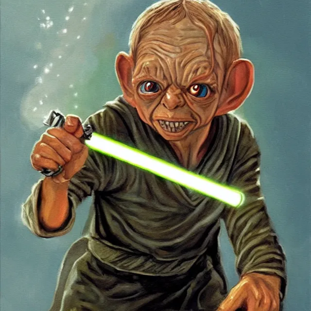 Prompt: painting of gollum as luke skywalker holding a light saber