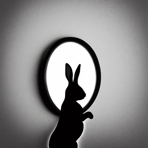 Prompt: profile portrait of a rabbit looking in a mirror, dark room, top lit