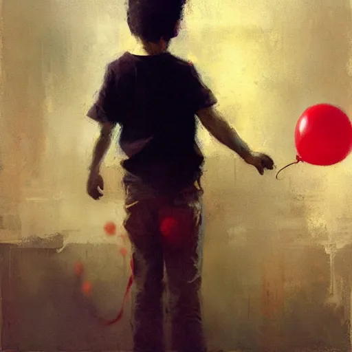 Image similar to lonely kid holding a red balloon, painting by jeremy mann