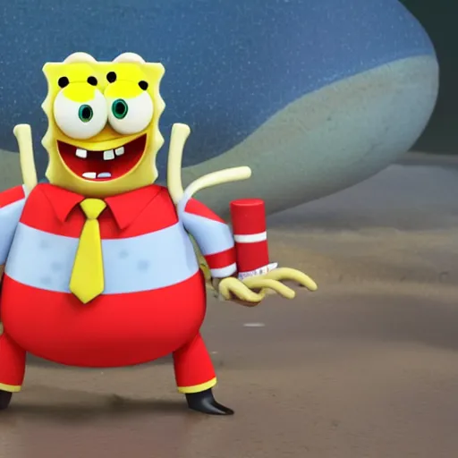 Image similar to spongebob squarepants as mr. krabs, spongebob squarepants in mr. krabs attire and makeup, trending on artstation, cgsociety, 4 k, 8 k