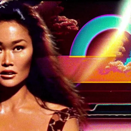 Image similar to a VHS still of a concept art with a photo of Tia Carrere in a vaporwave artwork composition, Windows98 logo, in the movie Lifeforce (1985) 8k, intricate, pastel colors