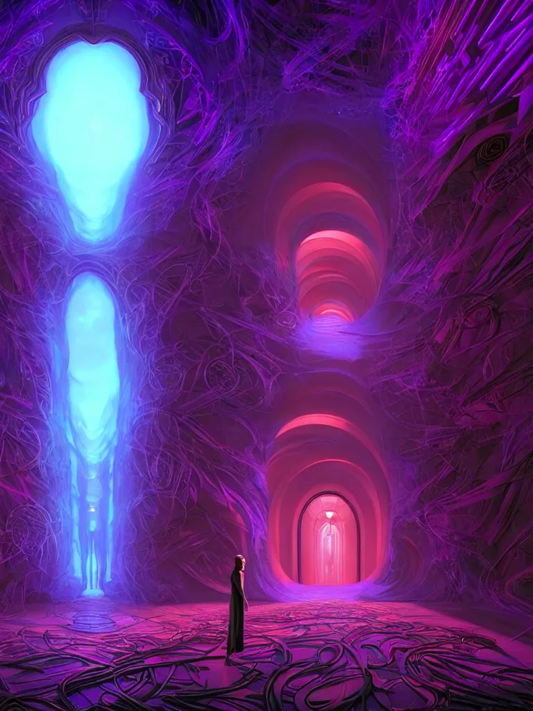 Prompt: entrance to ethereal realm, matrix sentient, rendered in unreal engine, central composition, symmetrical composition, dreamy colorful cyberpunk colors, 6 point perspective, fantasy landscape with anthropomorphic!!! terrain!!! in the styles of igor morski, jim warren and rob gonsalves, intricate, hyperrealistic, volumetric lighting, neon ambiance, distinct horizon