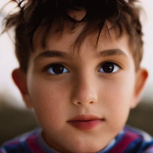 Image similar to a closeup portrait of a boy with brown hair and brown eyes. Extremely clear and high quality eyes with reflection, realistic face and details, clear lips and high quality