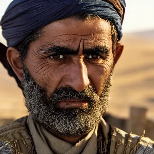 Image similar to Close up of a Kurdish shepherd wearing Kurdish clothes in a movie directed by Christopher Nolan, movie still frame, promotional image, imax 70 mm footage