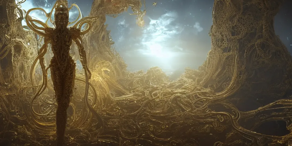Prompt: a photo of 8k ultra realistic corrupted lovecraftian liquid golden humanoid queen standing next to a spaceship window overlooking earth, 8 intricate white and gold tentacles, ornate white and gold armour, cinematic lighting, trending on artstation, 4k, hyperrealistic, focused, extreme details, unreal engine 5, cinematic, masterpiece
