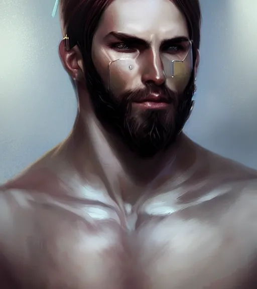 Image similar to « a portrait of a muscular cyberpunk male warrior, short beard, a digital painting by charlie bowater, featured on cgsociety, fantasy art, behance hd, wiccan, artstation hd »