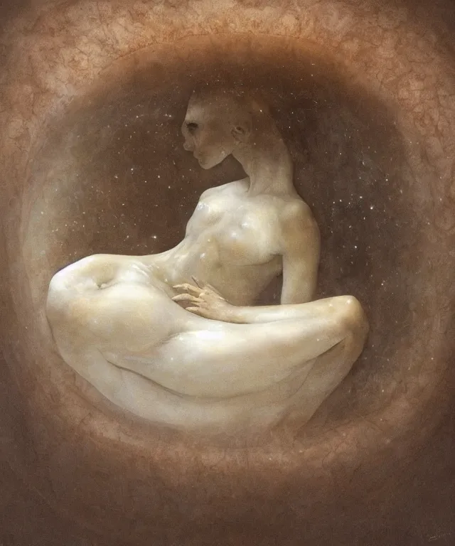 Image similar to Beautiful full-body wax sculpture of a glowing transparent woman inside egg with melted white wax inside the singularity where stars becoming baroque folds of dark matter by Michelangelo da Caravaggio, Nicola Samori, William Blake, Alex Grey and Beksinski, dramatic volumetric lighting, highly detailed oil painting, 8k, masterpiece
