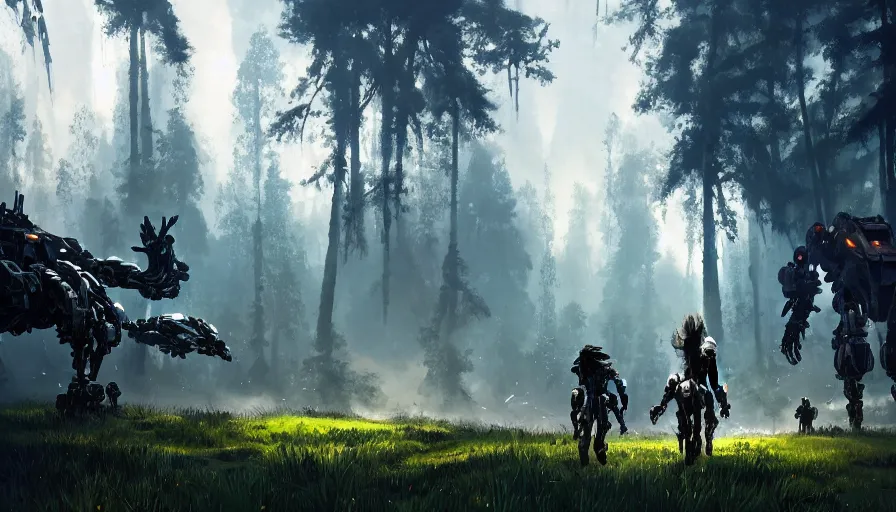 Image similar to walking mech covered in chrome armor, large shapes, horizon zero dawn aesthetic, covered in moss and birds, many large glowing lights, beautiful forests and trees, utopian landscape, bright sunlight, cinematic, concept art, art by John Park and Natasha Tan, trending on artstation, masterpiece.