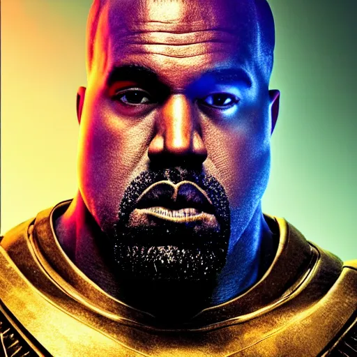 Prompt: Portrait of Kanye West as thanos, splash art, movie still, cinematic lighting, dramatic, octane render, long lens, shallow depth of field, bokeh, anamorphic lens flare, 8k, hyper detailed, 35mm film grain
