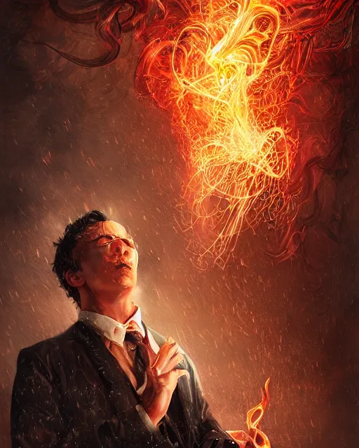 Prompt: a highly detailed portrait of serious male magician radiating a majestic fiery aura, back tuxedo, wispy tendrils of smoke, intricate, digital painting, old english, raining, sepia, particles floating, whimsical background by marc simonetti, artwork by ramond swanland and liam wong