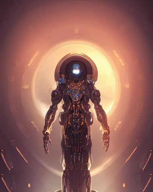 Image similar to benevolent cyborg necromancer, scifi, futuristic, helpful, kind, intelligent, alien room background, white, blue, gold, highly detailed, trending on artstation, soft light, holy machine, advanced technology, art by vitaly bulgarov and nivanh chanthara