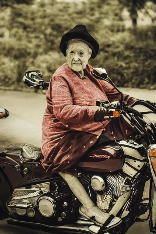 Prompt: a beautiful portrait photo of old grandmother riding on a Harley Davidson bike, cinematic masterpiece