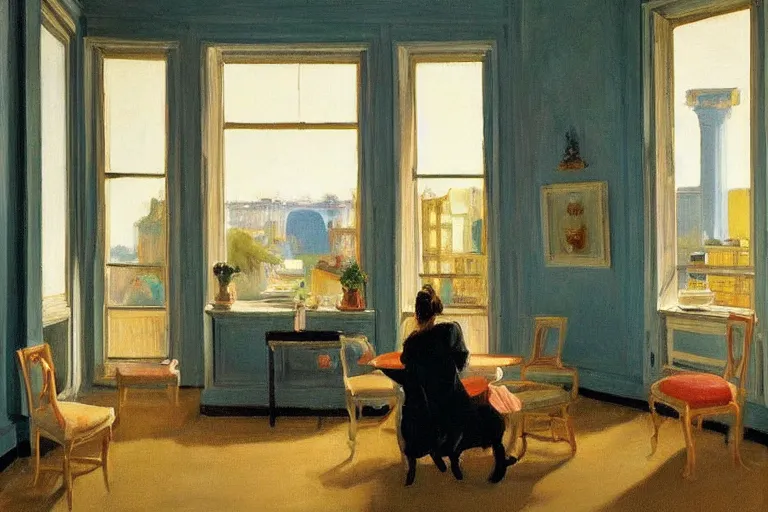 Image similar to beautiful furnished rococo apartment,evening light, in the style of Edward Hopper