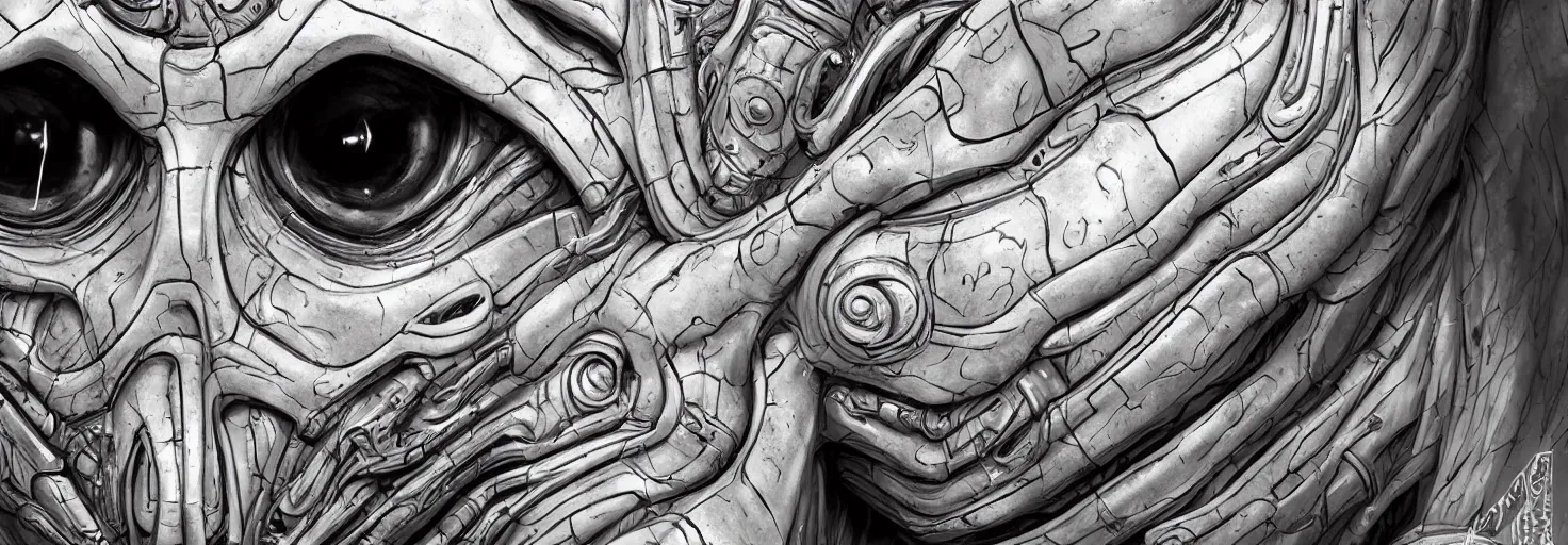 Image similar to engineer alien face by Artgerm, alien, highly detailed, symmetrical long head, smooth marble surfaces, detailed ink illustration, raiden metal gear, cinematic smooth stone, deep aesthetic, concept art, post process, 4k, carved marble texture and silk cloth, latex skin, highly ornate intricate details, moody lighting, hr geiger, hayao miyazaki, by Artgerm