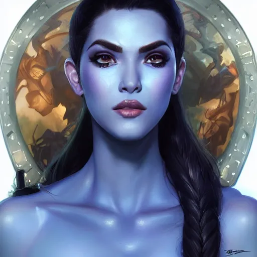 Image similar to character portrait of Widowmaker from Overwatch, blue skin, intricate, wild, highly detailed, digital painting, artstation, upper body, concept art, smooth, sharp focus, illustration, art by artgerm and greg rutkowski and alphonse mucha