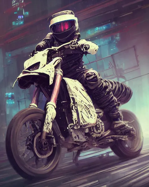 Prompt: koyto animation girl wearing cyberpunk intricate streetwear riding dirt bike, respirator, detailed portrait, cell shaded, 4 k, concept art, by wlop, ilya kuvshinov, artgerm, krenz cushart, greg rutkowski, pixiv. cinematic dramatic atmosphere, sharp focus, volumetric lighting, cinematic lighting, studio quality