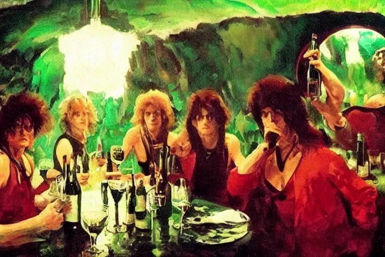 Prompt: cinematic scene, glam rockers drinking brutal and raw wine, inside a green cave with red lights by roger deakins, joaquin sorolla, phil hale, extremely detailed