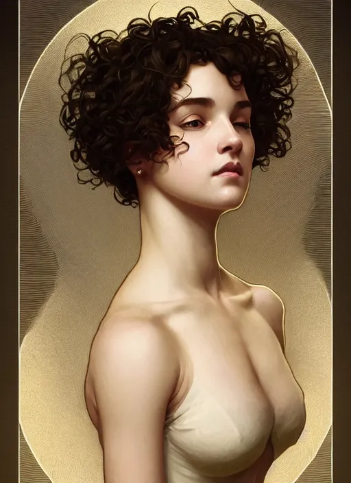 Image similar to symmetry!! portrait of a woman with short curly hair, round face, cottagecore!!, nature, intricate, elegant, highly detailed, digital painting, artstation, concept art, smooth, sharp focus, illustration, art by artgerm and greg rutkowski and alphonse mucha