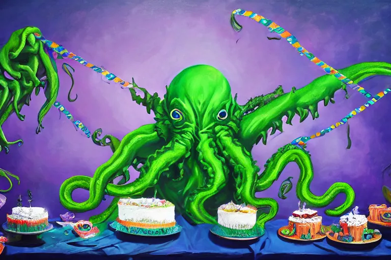 Image similar to cthulhu\'s birthday party with streamers and cake, 4k, oil painting, trending on artstation