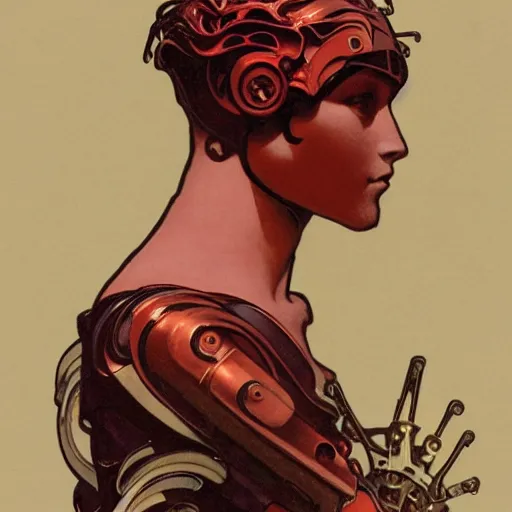 Image similar to handsome beautiful but male humanoid male robot part metal wires with wavy short dark hair, elegant, red lighting, realistic, concept art, smooth, detailed, high quality, alphonse mucha and waterhouse,