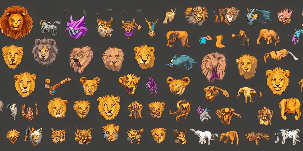 Prompt: game asset of unique lion heads on black background, organic, 9 0 s cartoon palette, 9 0 s cartoon inking, 2 d sprites, 8 k, close up, flat design