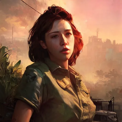 Image similar to fallout 5, charismatic beautiful rugged brunette female protagonist, portrait, outdoors tropical cityscape, atmospheric lighting, painted, intricate, volumetric lighting, beautiful, daytime, sunny weather, few clouds, sharp focus, deep colours, ultra detailed, art by william turner, krenz cushart and wenjun lin