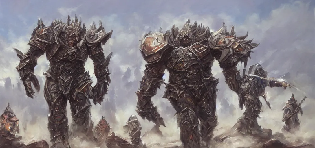 Image similar to oil painting of lone giant orc in futuristic armor roars as it steps over it's fallen enemy's bodies, boris vallego